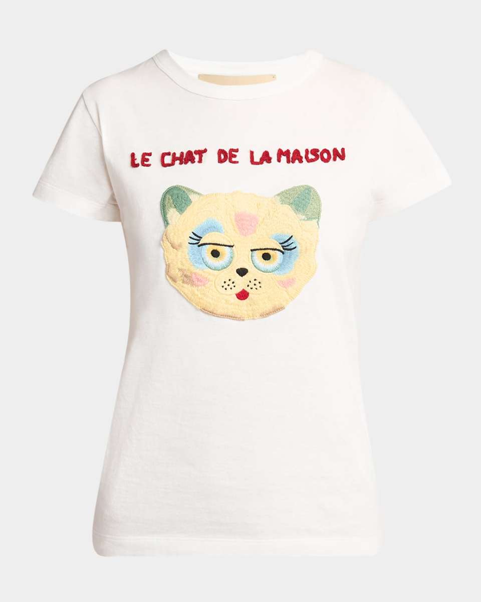 Cat Embroidered Cotton Jersey Short-Sleeve T-Shirt